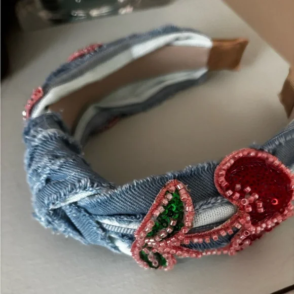 Beaded Distressed Light Denim Headband with Cherry Design - Picture 3 of 4